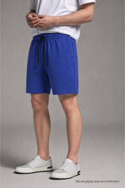 Men's Cotton Basic Blue Shorts with Elastic Waist and Pockets