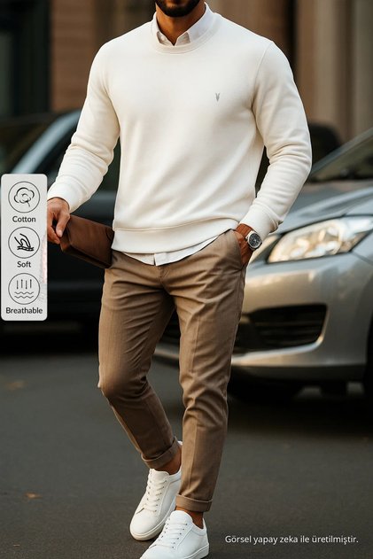 Men's Basic Crew Neck White Sweatshirt