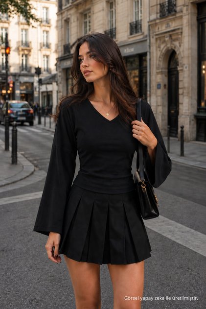 Bequeme schwarze Bluse mit V-Ausschnitt für Damen für die Zwischensaison