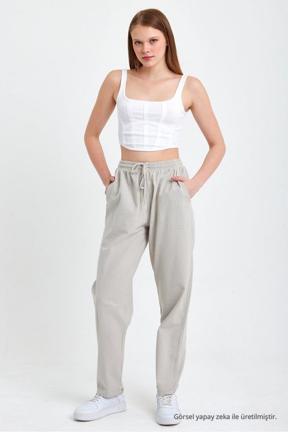 Gray High Waist Elastic Waist Linen Trousers