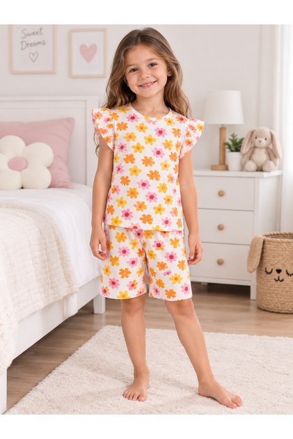 Girls' Cotton Thin Fabric White Orange Floral Pattern Short Ruffle Sleeve Shorts Summer Pajama Set
