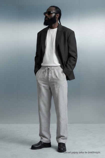Men's Gray Linen Pants with Elastic Waist