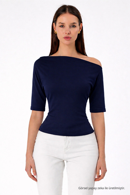 Women's Off-Shoulder Short Sleeve Navy Blue Tight Blouse