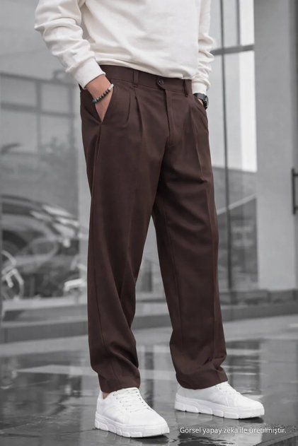 Men's Double Pleated Loose Brown Baggy Trousers