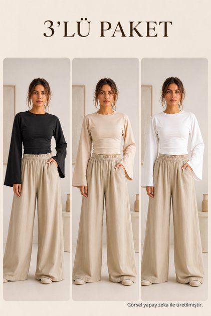 Kadın Basic Geniş Kol 3 Lü Crop Bluz