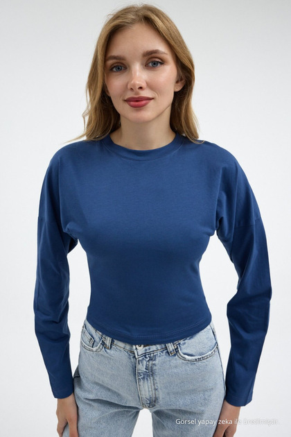 Women's Long Sleeve Fitted Blue Crop Blouse