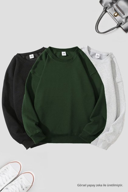 Unisex 3'Lü Siyah Koyu Yeşil Grimelanj Bisiklet Yaka Oversize Sweatshirt Paketi