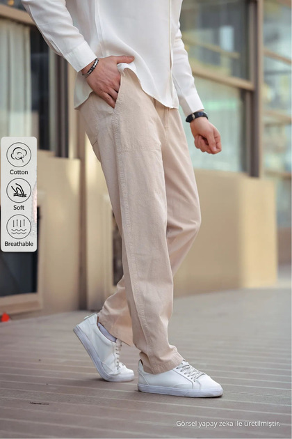 Bej Renk Erkek Yazlık Keten Karışımı Relaxed Pantolon Bej