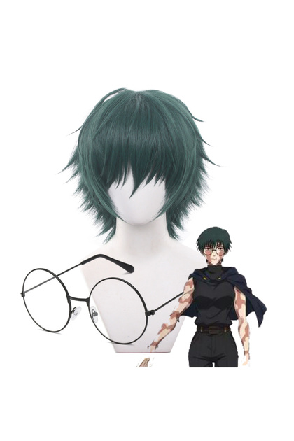 One Size Wig with Glasses Anime Jujutsu Kaisen Maki Zenin Cosplay Wig Short Green Hair Glasses Shime