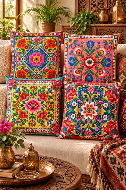 Colorful Bohemian Style Decorative Throw Pillow Covers Set of 4 Digital Printed Living Room Sofa Pillow Covers