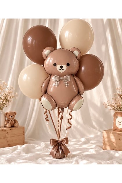 Papyonlu Retro Ayı Ve 5 Adet Balon