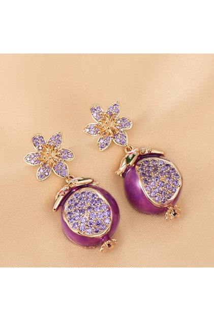 PURPLE High-End Fruit Style Earrings Creative Design Light Luxury Zircon Inlaid Pomegranate Oil Drop