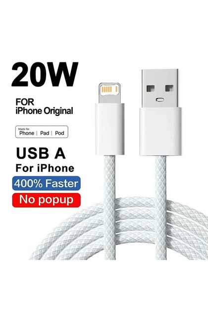 2m Grey 20W Braided Fast Charging USB Cable For iPhone X XR XS 6 6S 7 8 Plus 11 12 Mini 13 14 Pro Ma
