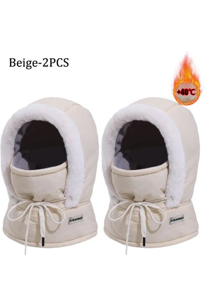 Beige-2PC Cold Weather Thermal Balaclava Scarf Winter Windproof Hood Hat Plush Neck Warmer Ski Face