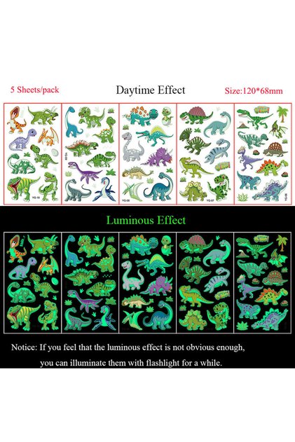 Set-136 5 Sheets Luminous Tattoo Stickers Temporary Colorful Animal Dinosaur Tattoo Fake Tattoo for