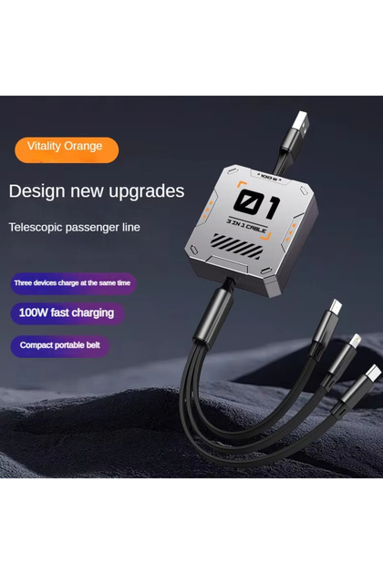 Orange Type-C 3 in 1 Phone Fast Charging Retractable Cable 5A USB-C Data Cable Micro Suitable for iP
