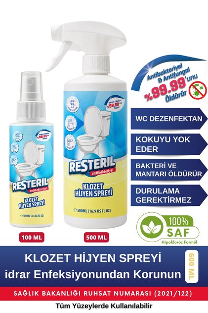 Klozet Kapağı Temizleyici Dezenfektan 100ml ve Koku Giderici Tuvalet Temizleyici 500ml 2’li Set Alkolsüz Klozet Dezenfektanı Hipokloröz Asit Tuvalet Küf Temizleyici