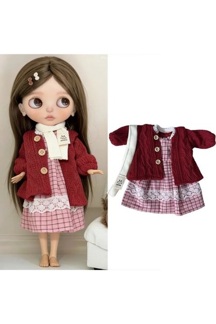 Red Coat Dress For Blythe Doll Outfit Clothing Princess Lace Maid Skirt Set Cute Plaid Pants Vintage