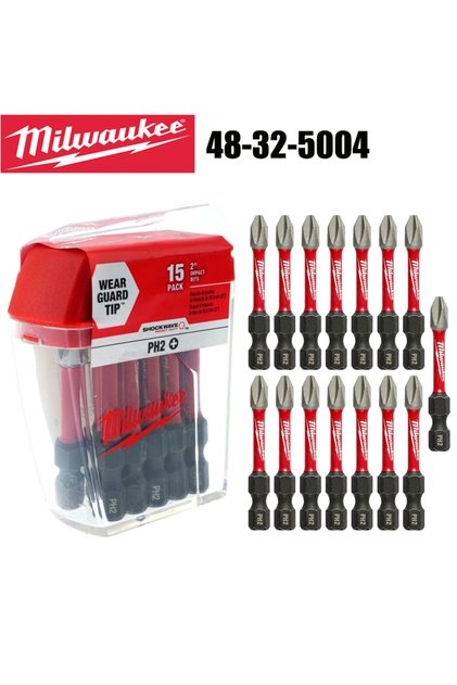 48-32-5004 Milwaukee PH2 Impact Bits 2" 15 Pack Shock Wave 50X LIFE With Transparent Plastic Box 50M