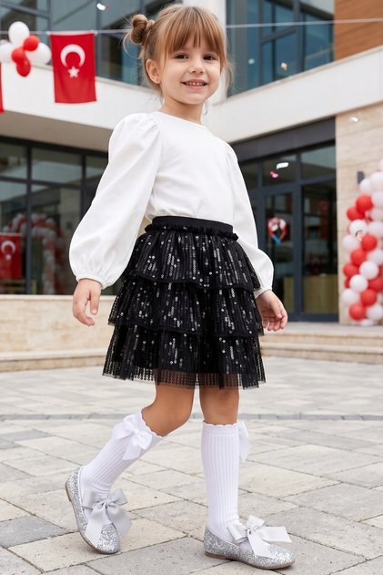 Girl's Black Sequin Detailed Layered Skirt for October 29Th Show