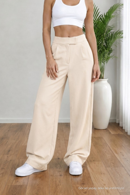 Women's High Waist Lycra Wide Leg Loose Palazzo Pants with Velcro Closure Detail