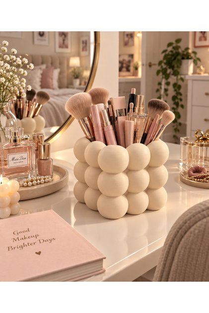 Bubble Cube Pen Holder and Makeup Brush Holder – 3D Printed Decorative Organizer – Beige, White, Pink – 10X10X9 cm