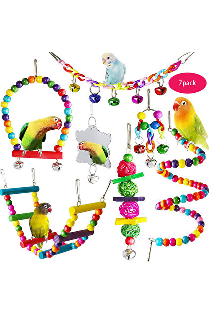 WHITE 7PCS Bird Toy Wood Parrot Toys Set Cage Bird Accessories Swing Suspension Bridge Ball Cage Bel