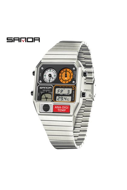 Silver White SANDA 3192 Hot-selling LED Electronic Square Men's Youth Casual Multi-function Thermome