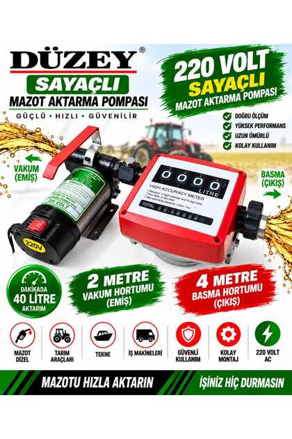 DÜZEY/220 VOLT MAZOT AKTARMA POMPASI & MEKANİK MAZOT SAYAÇ SETİ (LİTRE ÖLÇME)
