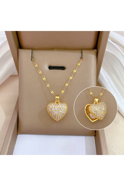 Gold Color P ZAKOL Classic Gold Color Stainless Steel Necklace For Women Shiny Zircon Geometric Hear