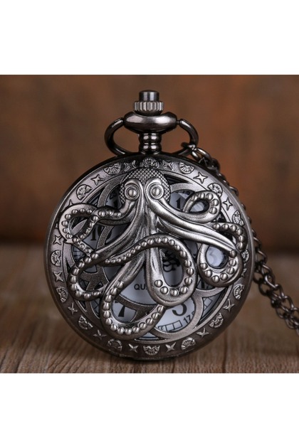black Vintage Black and Bronze Octopus Pattern Quartz Pocket Watch With Necklace Chain Gift for Male