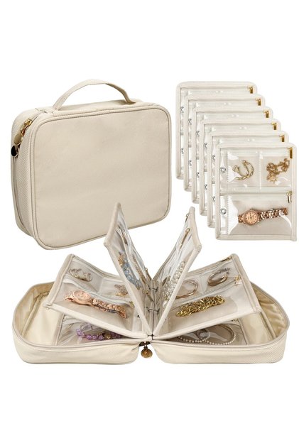 Beige Travel Jewelry Organizer Case,Jewelry Bags Jewelry Storage Book Binder with Clear Zipper Velve