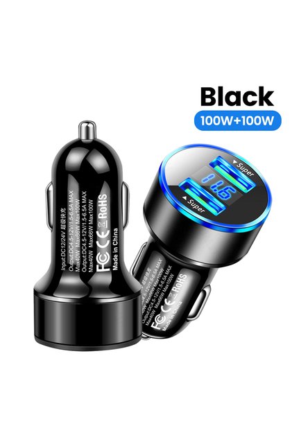Black 200W Dual USB Car Charger Lighter Fast Charging Digital Display Car Phone Charger Adapter For