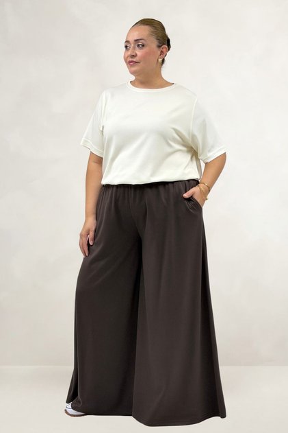 69022 Plus Size Elastic Waist Modal Skirt Trousers - Brown