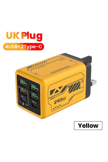 شاحن هاتف محمول أصفر اللون، بقوة 240 واط، مزود بـ 6 منافذ (4 منافذ USB + منفذان من النوع C)، يدعم الشحن فائق السرعة، بتقنية USB 3.0 PD 3.0، متوافق مع معايير الاتحاد الأوروبي والمملكة المتحدة والولايات المتحدة.