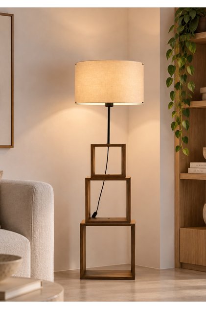 Trio Hareketli Modern Raflı Lambader Sütlü Kahve
