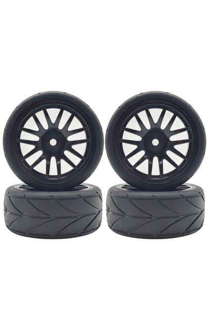 4pcs black 1/10 RC Racing Tires & Wheel Rims Hub 12mm Hex for 1:10 RC On Road Car Tamiya TT01 TT02 X
