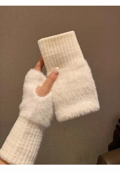 WHITE Soft Winter Half Finger Gloves Women Warm Luxury Solid White Plush Knitted Fingerless Gloves W
