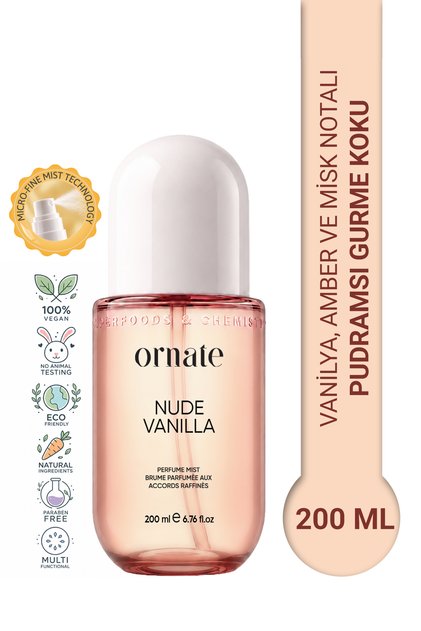 Nude Vanilla Vanilya, Amber ve Misk Notalı Pudramsı Gurme Kokulu Saç ve Vücut Spreyi Body Mist 200 ml