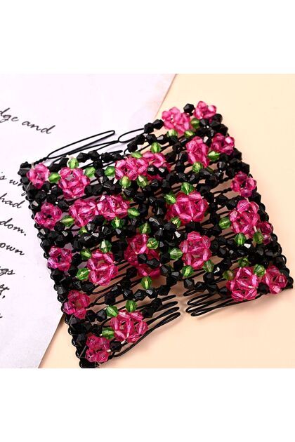 5 red Fashion Hair Comb Claw Bun Ladies Magic Beads Elastic Double Bands String Hairpin Tool Ponytai