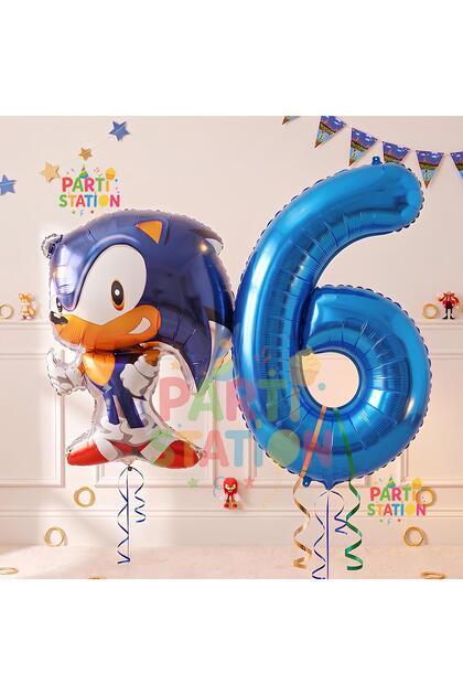 Kirpi Sonic Balon 6 Yaş Doğum Günü Set Kirpi Sonic Boom Konsept Balon ve Lacivert Rakam Balon