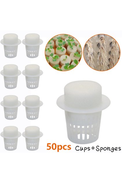 50PCS Plant Net Cup & 50PCS Cylinders Sponge For Hydroponics Aquaponics Orchids Plant Starting UV Re