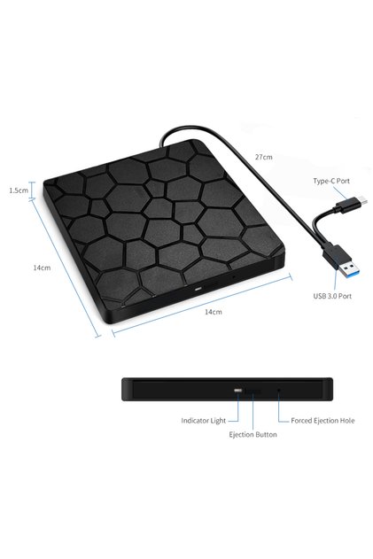 Black External DVD RW Writer Reader Player Burner USB 3.0 Type C 2-port in 1 Slim VCD CD Optic