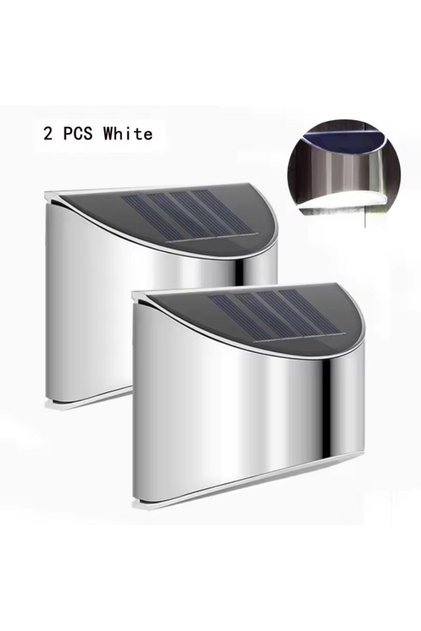 2pcs White light 2Pcs Solar Garden Light Stainless Steel Courtyard Wall Lamp Waterproof Outdoor Ligh