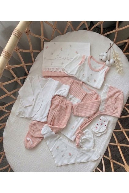 10-Piece 100% Organic Cotton Boxed Newborn Set for Baby Girl with Lace Detail and Embroidery