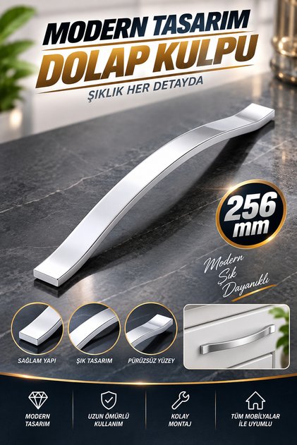 Furniture Drawer Cabinet Door Handle Modern Kitchen Handles Knob 256 mm Chrome Silver Color Metal