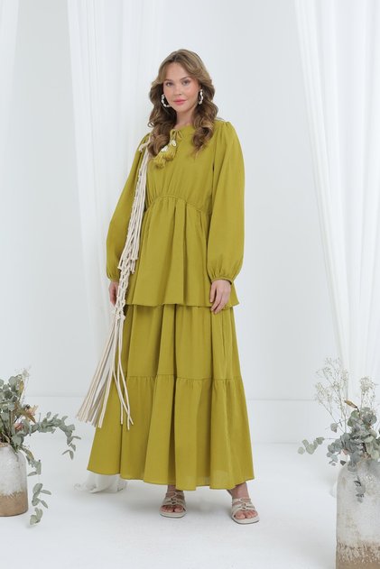 Women's Lace-Up Layered Comfortable Dress -12633Elb Olive Green