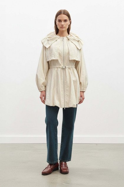 Women's Balloon Sleeve Detailed Belted Short Trenchcoat-32450Trc Beige