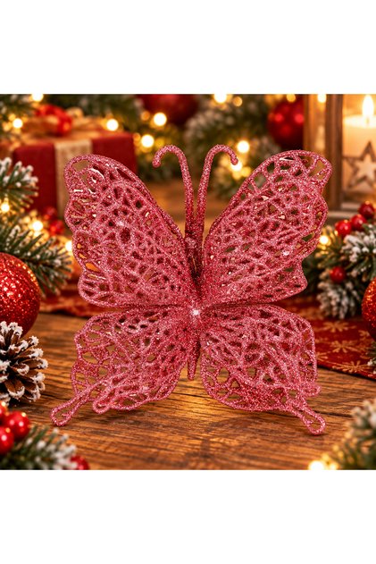 Set de 10 ornamente pentru brad de Crăciun, fluture cu sclipici, 16 cm, roz