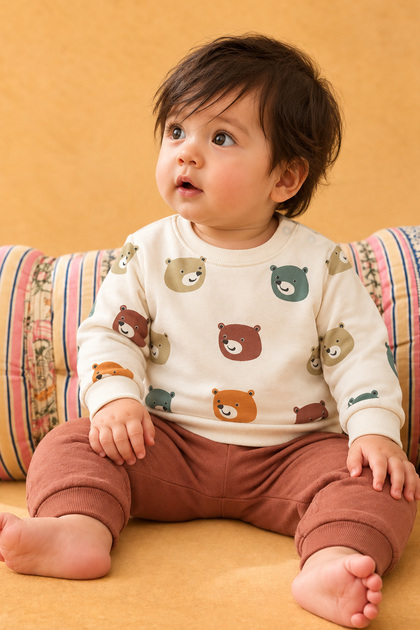 Rochababy Baby Cute Bear Patterned Snap Fastener Shoulder Sweatshirt and Sweatpants Set